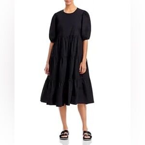 Aqua Women’s Lightweight Tiered Poplin Black Cotton Midi Sun Dress Pockets Sz XS